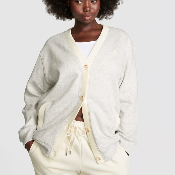 PINK VICTORIA’S SECRET PREMIUM FLEECE BOYFRIEND CARDIGAN GREY/CREAM SIZE SMALL - Picture 2 of 9